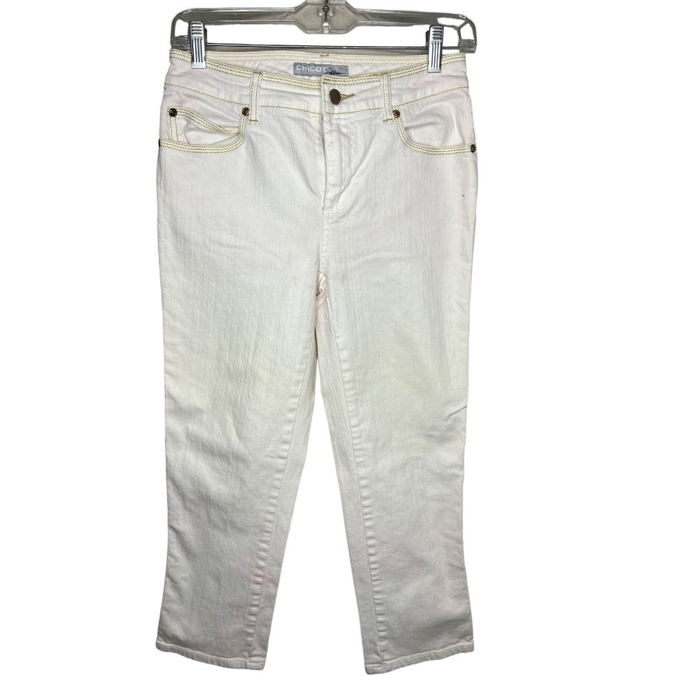 Chico's Platinum Denim Pink and Gold Stitch Size 00 SHORT Us Size XS/2 SHORT 5 P